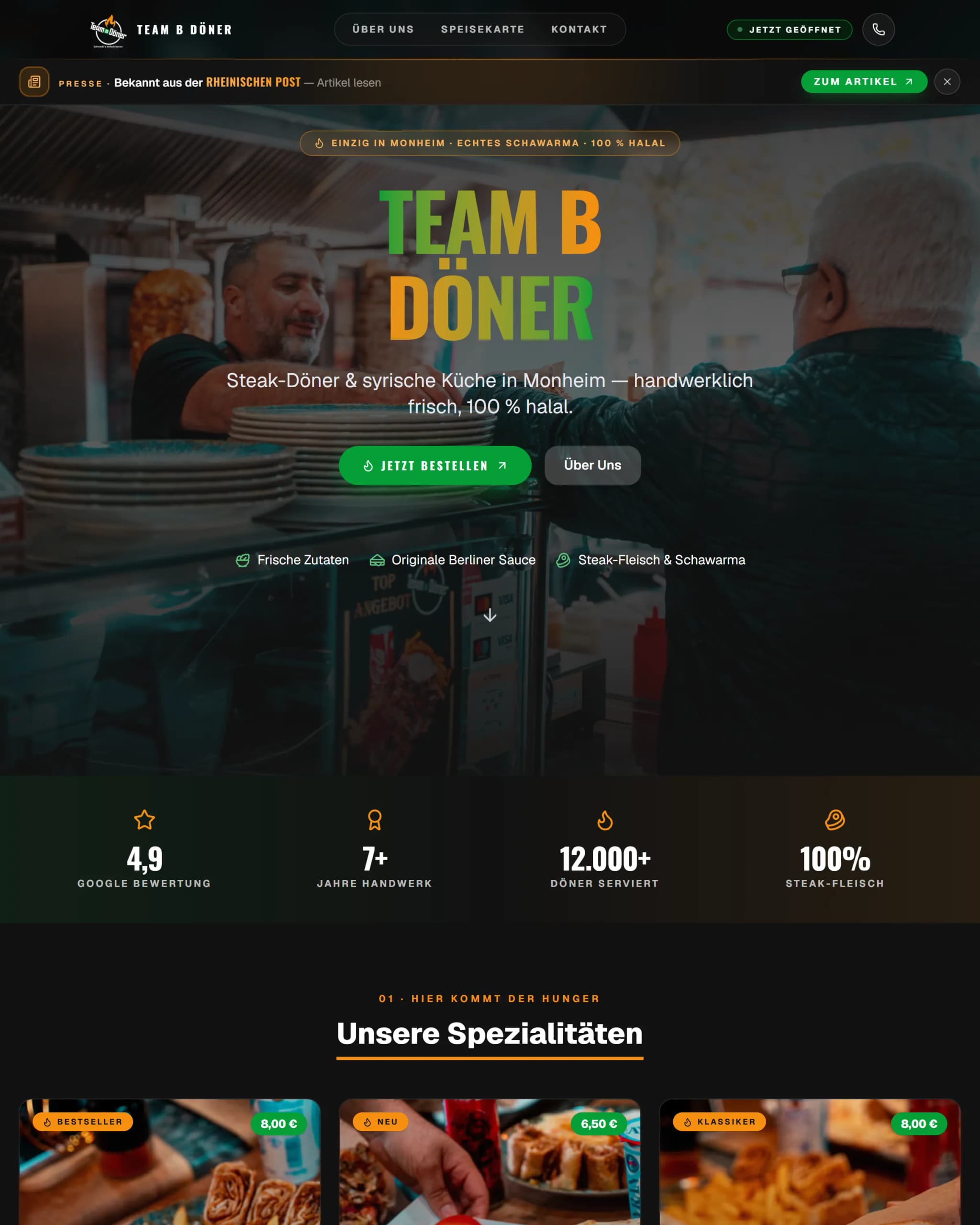Website von Team B Döner, gebaut von Comole Digital